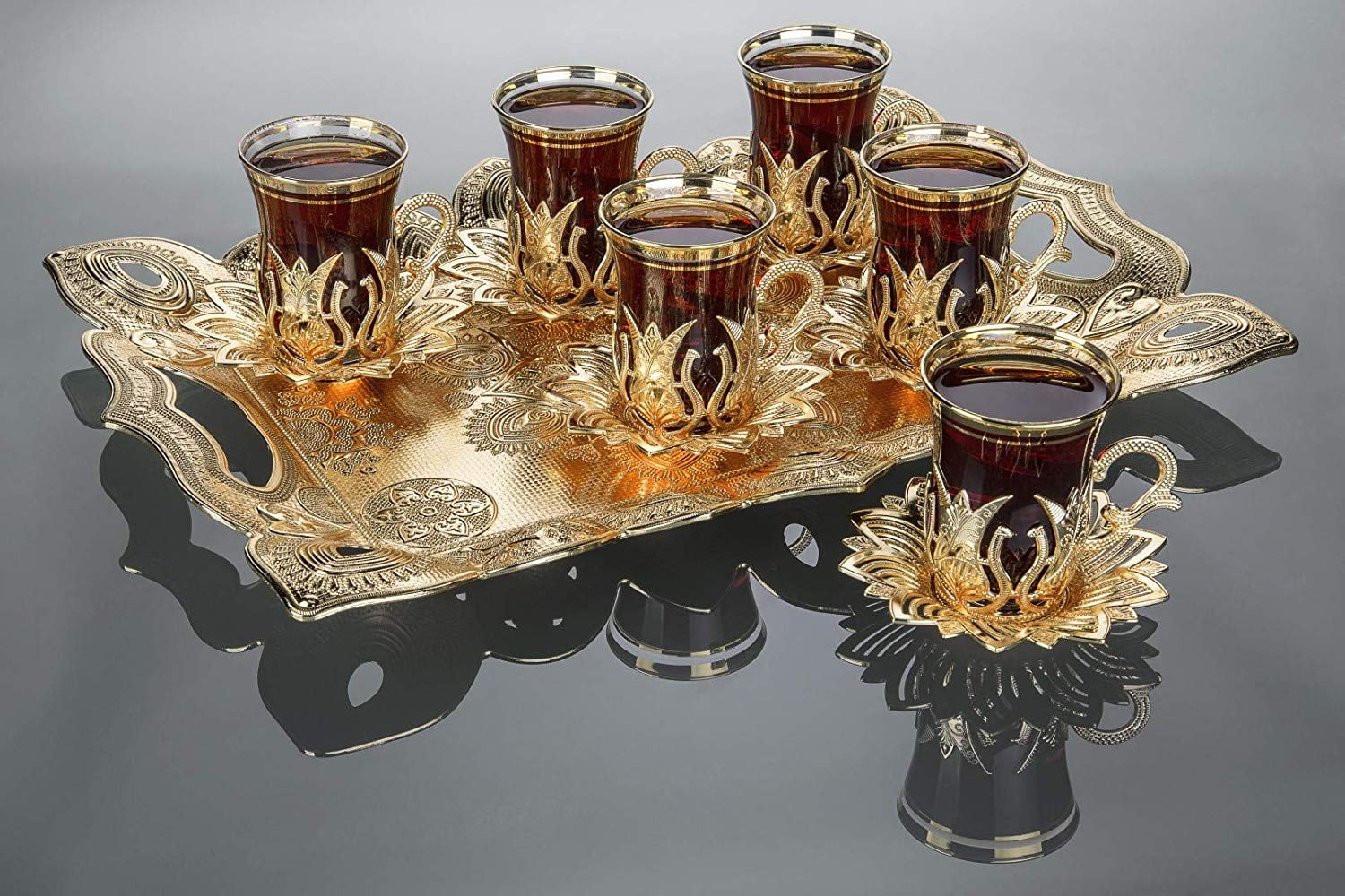 LaModaHome Golden Tea Set of 6 and Tray Includes 6 Glasses, 6 Saucers