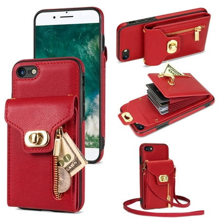 Wallet Back Cover Case for Apple iPhone 6s/6, Premium PU Leather Rubber Cards Slots Zipper Pocket Crossbody Lanyard Stand Bumper Shockproof Wallet Case for Apple iPhone 6s/6 4.7" - Red