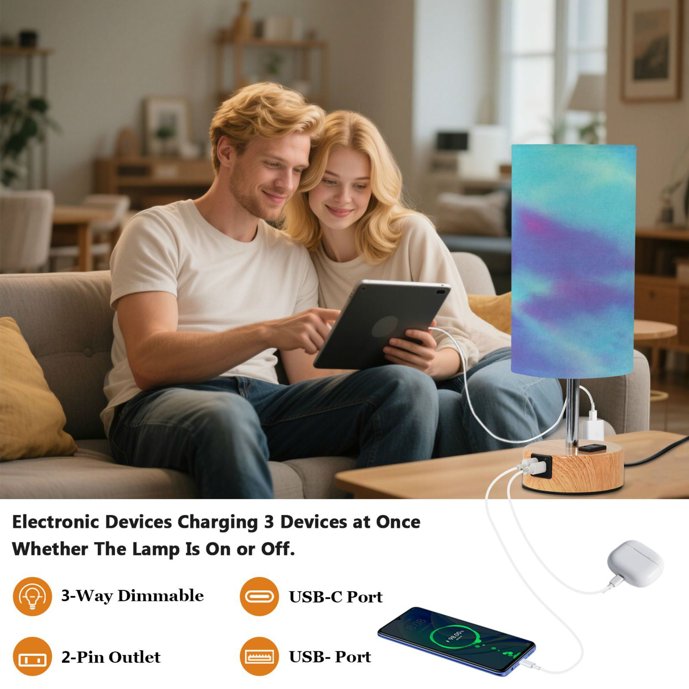 Touch-Control 3-Color Desk Lamp with Plug – Energy-Saving LED + 3 Simultaneous Charging Ports Gradient Tie-dye