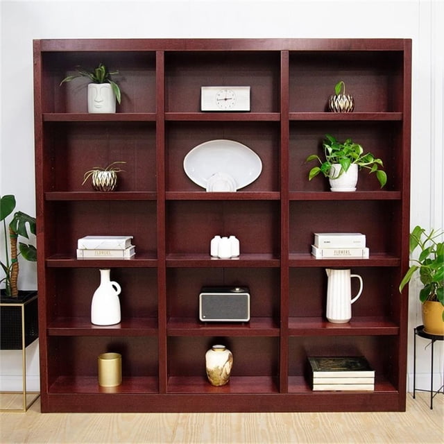 Pemberly Row 15 Shelf Triple Wide Wood Bookcase 72"Wx72"H in Cherry