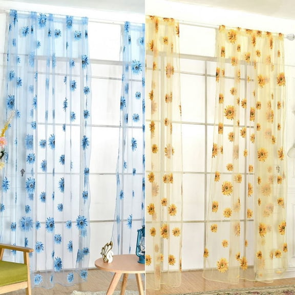 2Pcs 39*79in Yellow/Blue Curtains for Living Room Butterfly Print Curtains Sheer Curtains