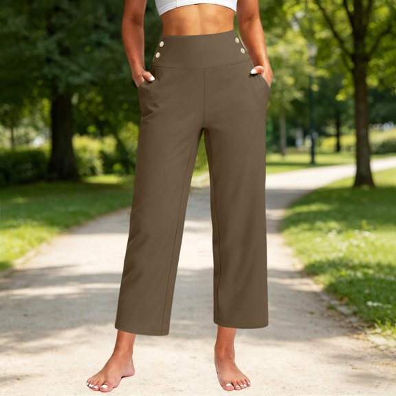 Sunnin Solid Color High Waist Pants Elastic Waist with Pockets Cropped Casual Everyday Wear Pants for Women