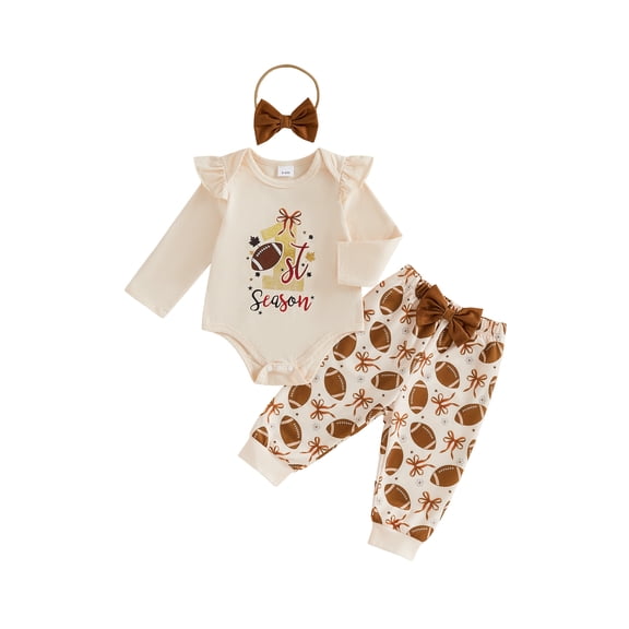 RUINIXCW Newborn Baby Girls My First Football Season Outfits Infant Baby Girl Fall Winter Clothes Long Sleeve Ruffle Romper and Pants Headband Set
