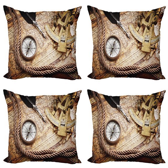 Ambesonne Vintage Throw Pillow Cover 4 Pack, Voyage Theme Lifestyle, 24", Cream