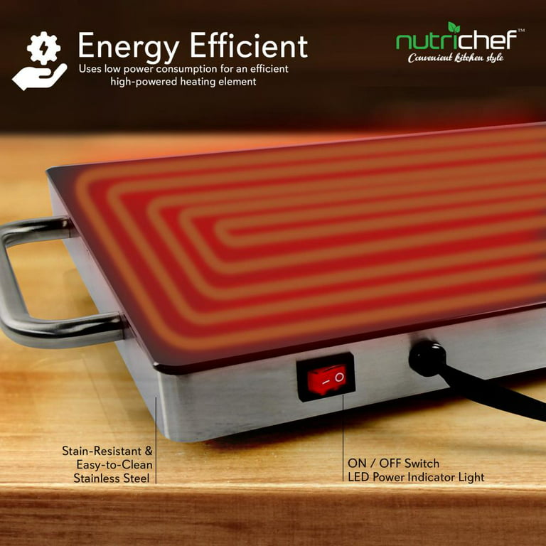 NutriChef Portable Electric Food Hot Plate-Stainless Steel Warming  Tray&Dish Warmer with Black Glass Top-Keep Food Warm for