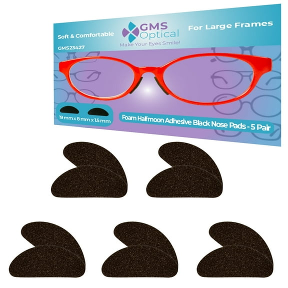 GMS Optical 19mm Long / 8mm Wide – 1.5mm Thin Adhesive Halfmoon Foam Nose Pads for Glasses, Eyeglasses & Sunglasses (5 Pair, Black)
