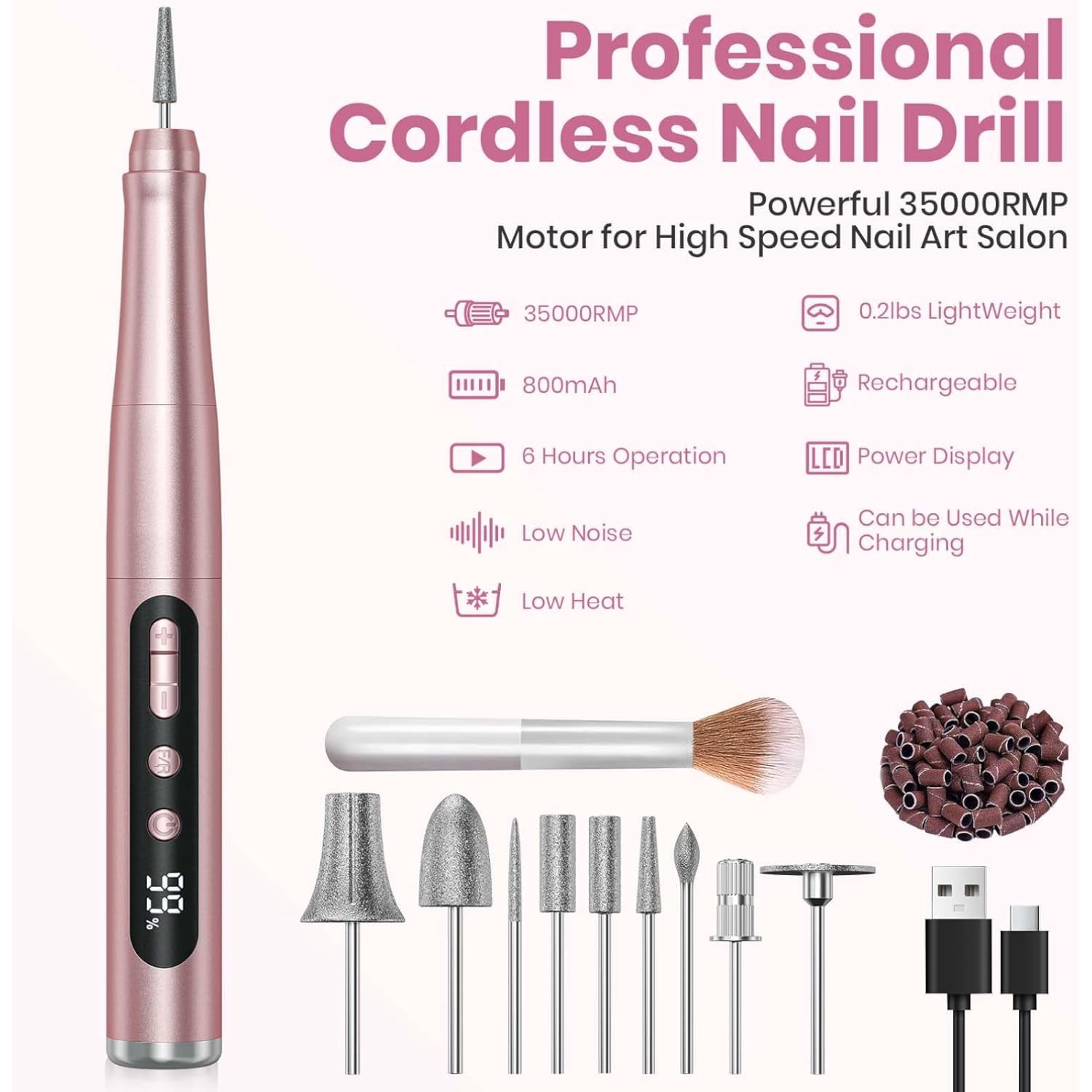 Cordless Nail Drill 35000RPM, Portable Electric Nail File for Acrylic Gel Nails, Professional Manicure Pedicure Kit, Rechargeable Pedicure Tools for feet with LCD Display, Low Noise Low Vibration