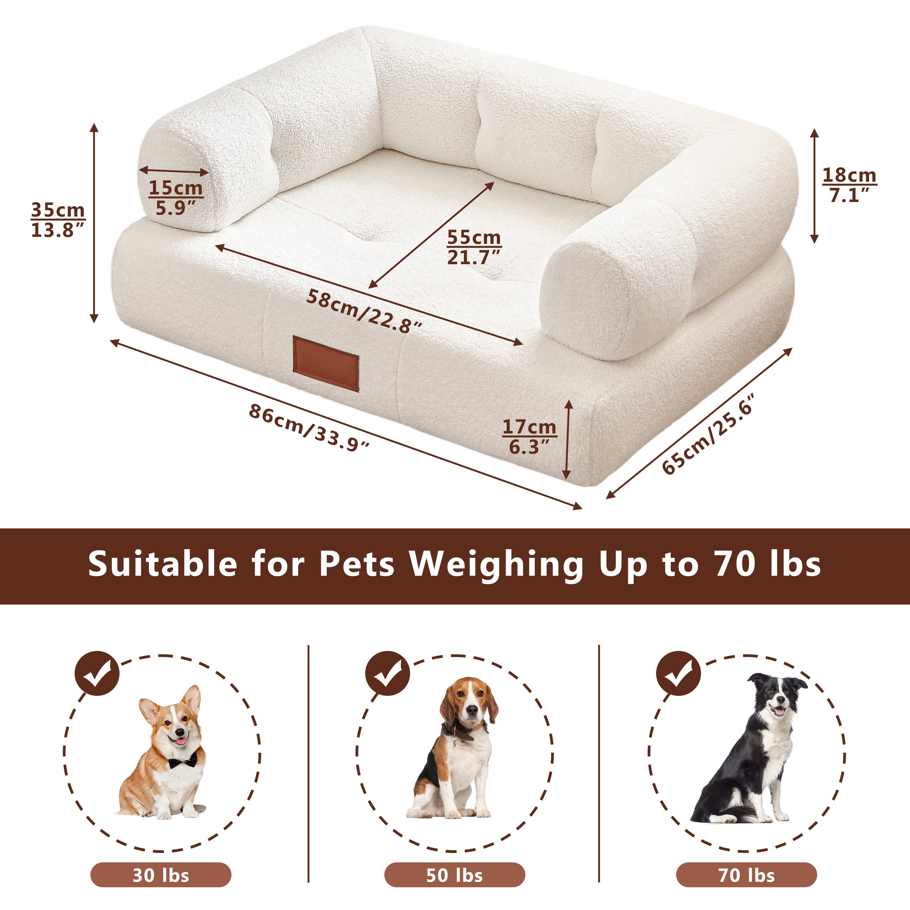 33.9'' White Faux Shearling Dog Bed Couch for Large and Medium Dogs up to 70lbs, Modern Luxury Orthopedic Elevated Pet Bed Sofa Cat Bed Couch with Leather Name Plate Indoor Furniture Style