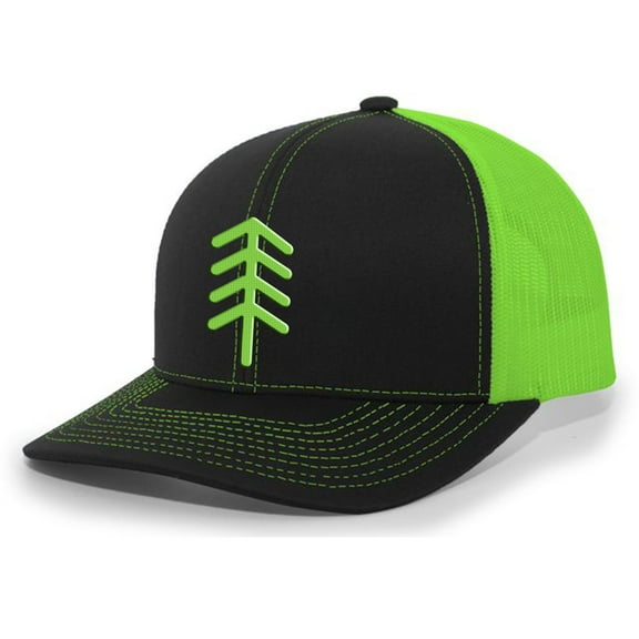 Heritage Pride Simple Pine Tree Nature Mens Embroidered Mesh Back Trucker Hat Baseball Cap, Black/Neon Green