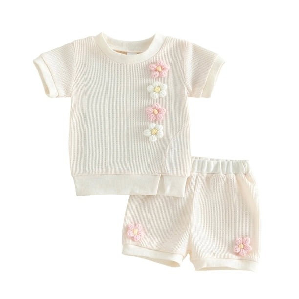 Niña Bebé Ropa de Verano Elegante Bordado Floral Cuello Redondo Pantalones Cortos de Manga Corta Dos Piezas Conjunto de Tejido Suave Transpirable