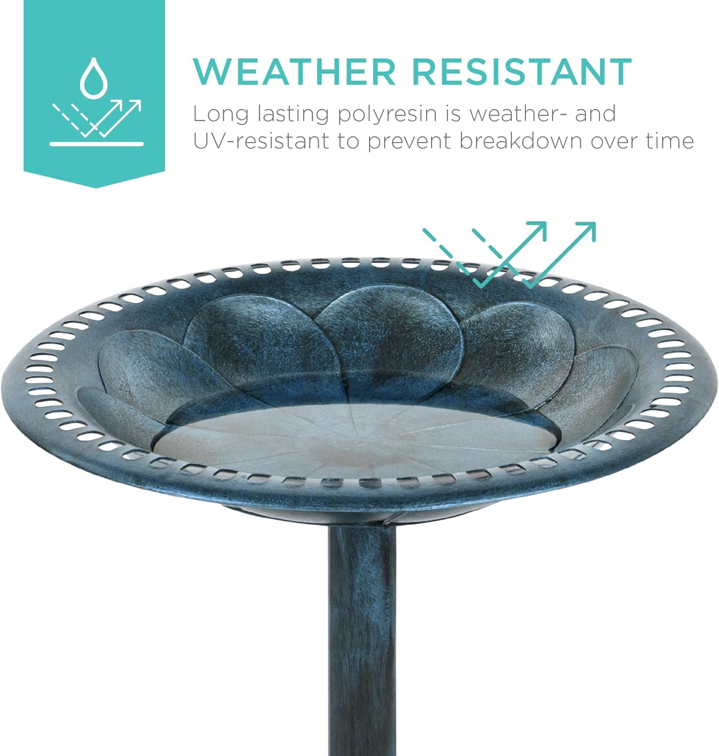 NIUMU  28in Pedestal Bird Bath, Vintage Outdoor Resin Accent Decoration w/Fleur-de-Lis Accents - Peacock Blue