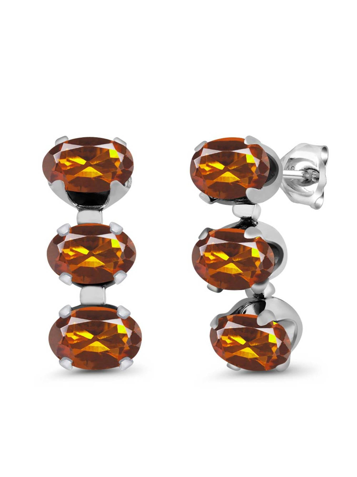 2.40 Ct Oval Orange Red Madeira Citrine 925 Sterling Silver 3-Stone Earrings