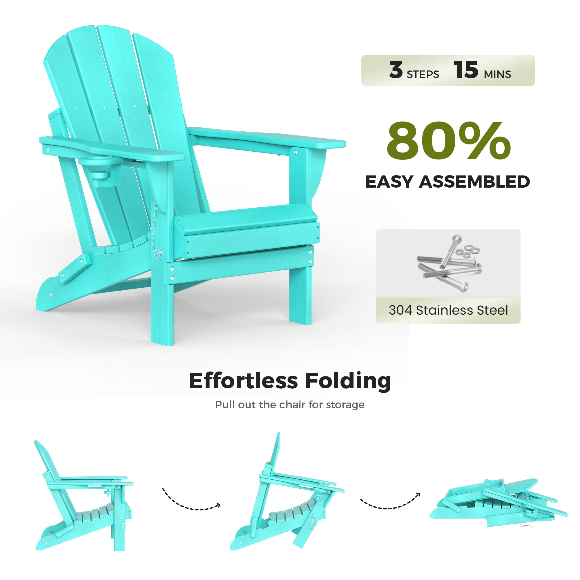 Folding Adirondack Chair Set of 2, HDPE All-Weather Outdoor Patio & Firepit Chair with Ergonomic Extended Backrest & Cup Holder, Low Maintenance, Aqua