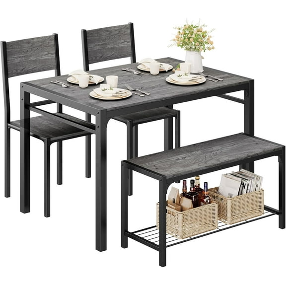 Shahoo Kitchen Table and 2 Chairs for 4 with Bench, 4 Piece Dining Sets for Small Space, Dark Grey