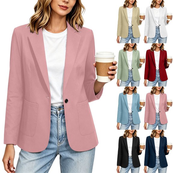 Women's Long Sleeve Notch Lapel Button Down Blazer Jacket With Pockets Solid Color Work Office Outfits | CSEONE,Black L