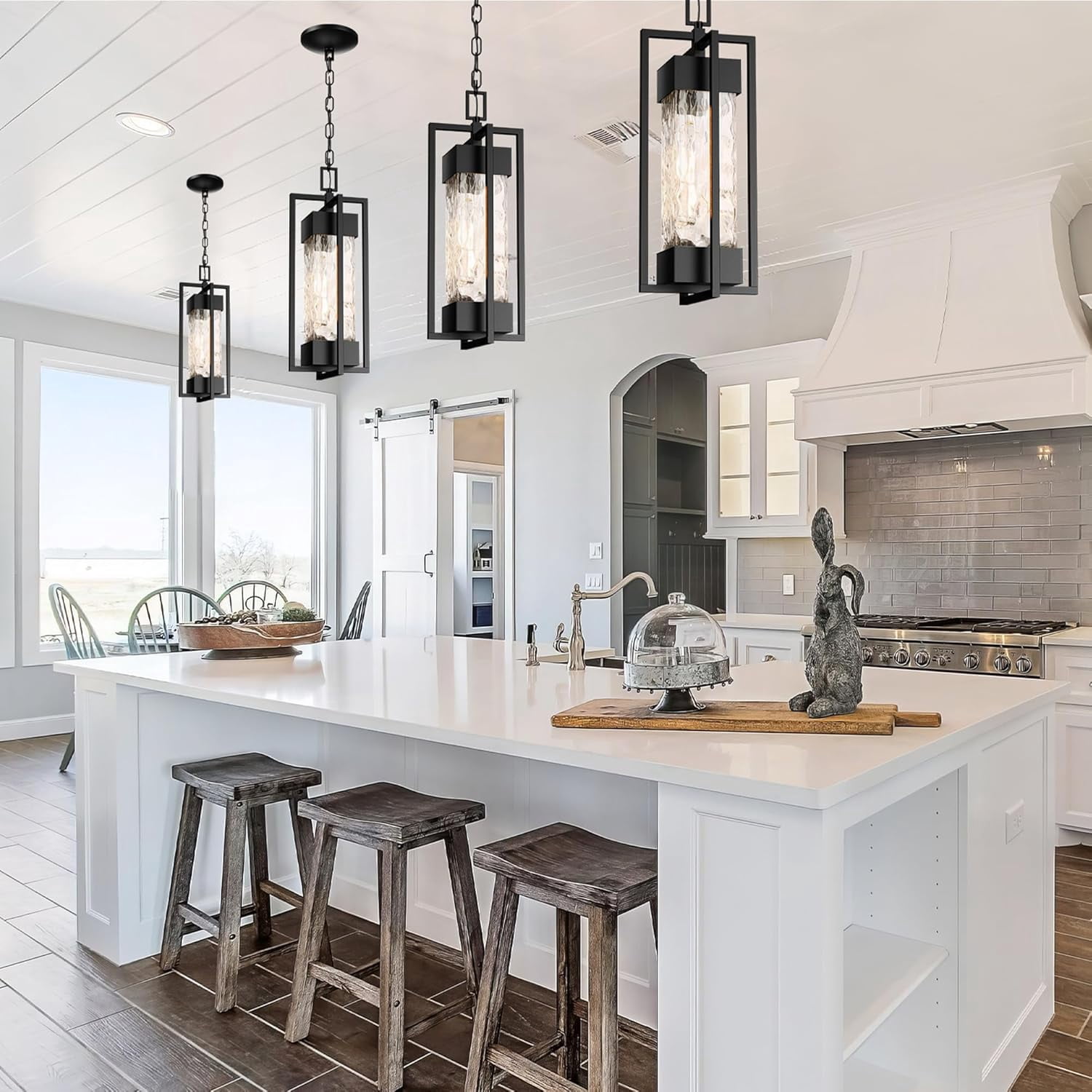 Modern Outdoor Indoor Pendant Light Fixture, Rustproof Chandelier Lighting Exterior with Water Glass for Porch, Garage, Gazebo, Patio (Bulb Included)