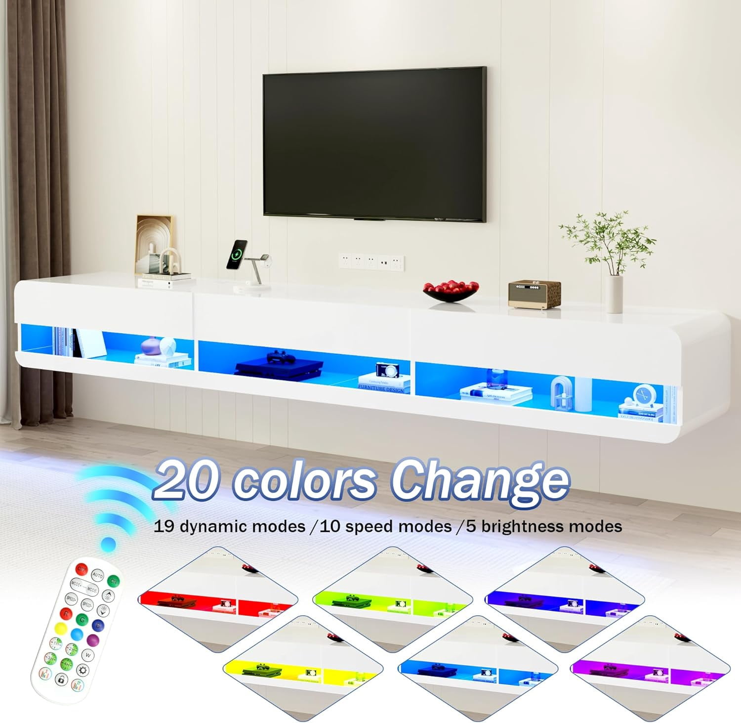 Anpoo 94.5'' Modern Floating TV Stand for TVs up to 100'' TV, LED High Gloss Entertainment Center with Storage & Power Outlet, TV Console with 20 Color Changing Lights for Living Room Bedroom, White