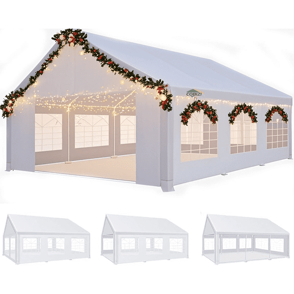 COBIZI 20x20ft Party Tent Heavy Duty, Event Tents for Parties, Carpas para Fiestas with 4 Removable Sidewalls with Built-in Sandbag, UV50 , Waterproof, White