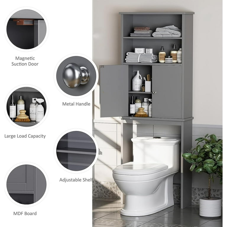 Over The Toilet Storage Cabinet with Double Tempered Glass Doors - Color: White