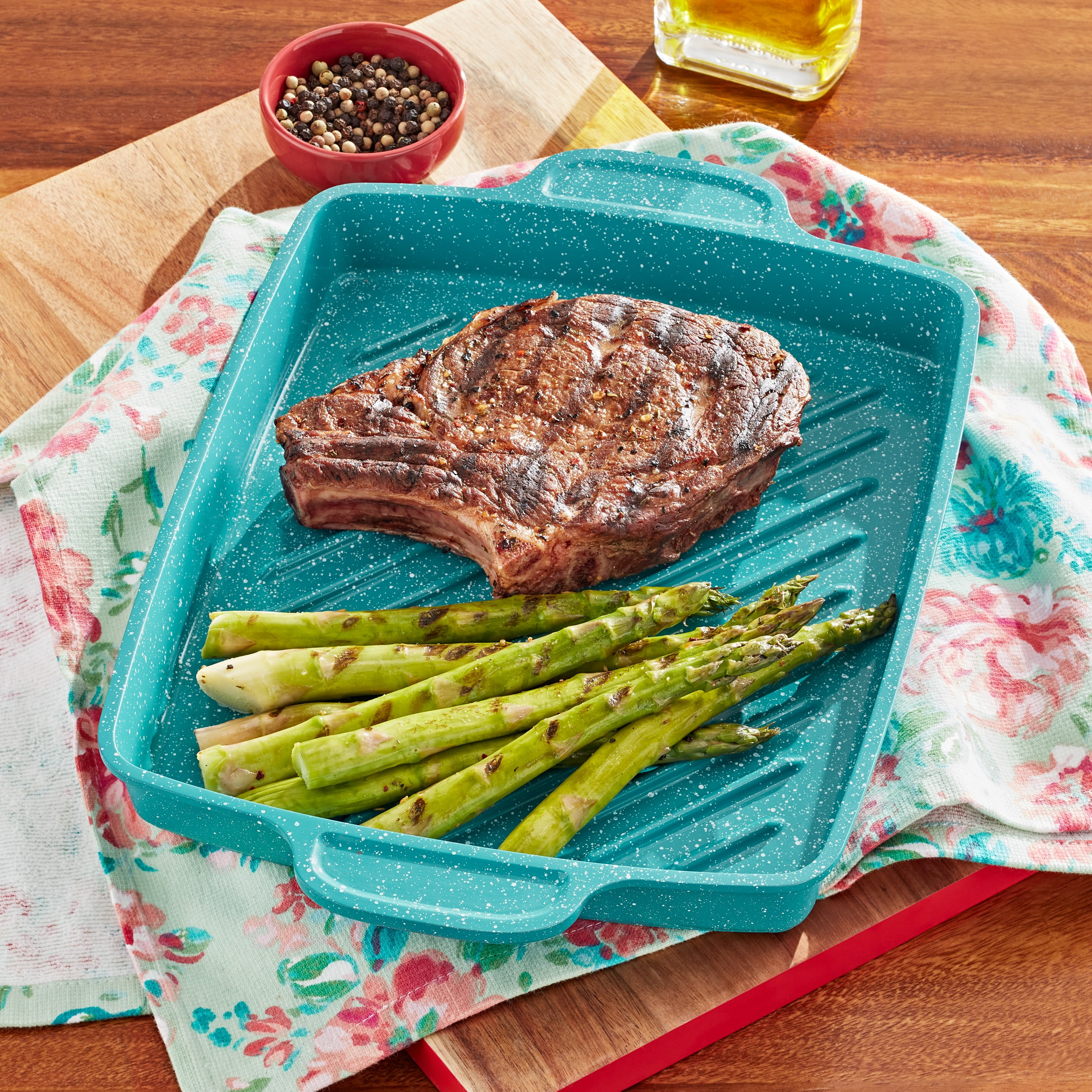 The Pioneer Woman Prairie Signature 12" x 10" Cast Aluminum Cowboy Steak Pan, Teal Speckle