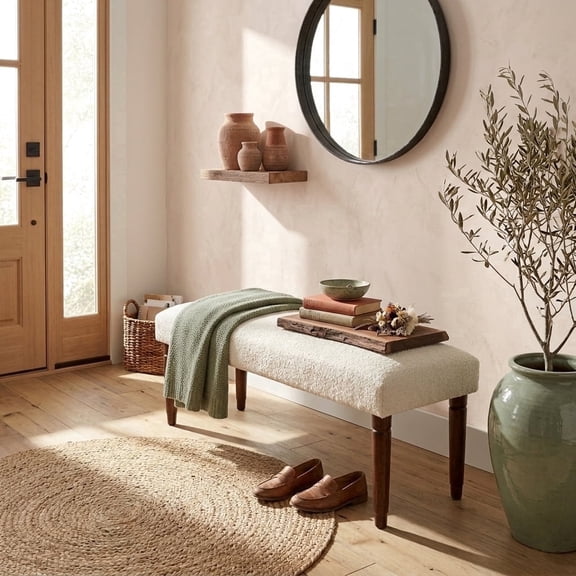 Harlow Hill Analia 47" Cream Solid Boucle Upholstered Accent Bench