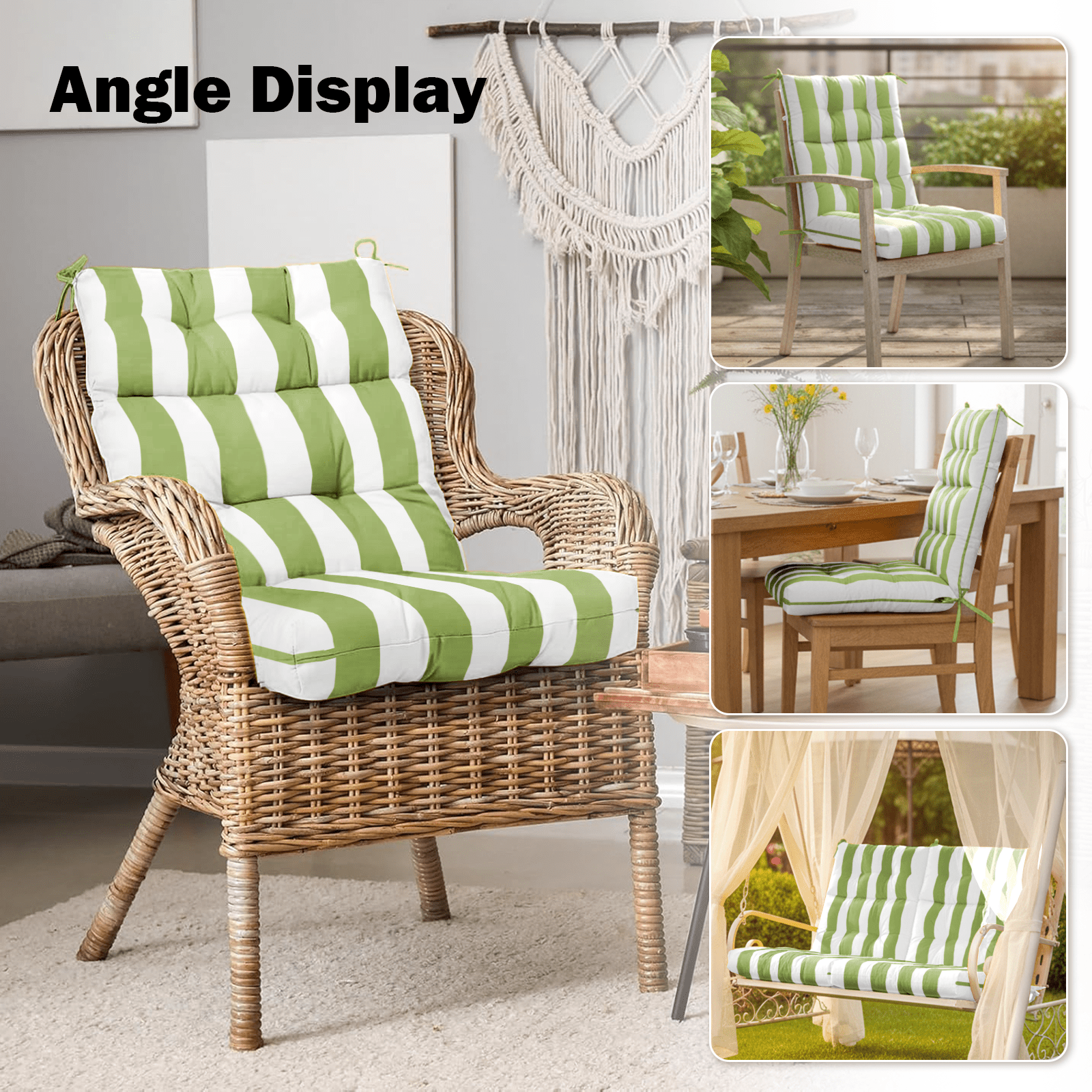 Vacmaster Patio High Back Chair Cushions Set of 2 - Outdoor Dining Chair Pads,Waterproof Replacement Seat Pad,for Rocking and Lounge Chairs,Indoor & Outdoor Furniture Cushions,Grass Green Stripes