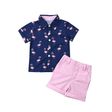 

Calsunbaby Toddler Baby Boys Clothes Set Summer Flamingo Print Shirt Tops Solid Shorts Gentleman Outfits Blue 5-6 Years