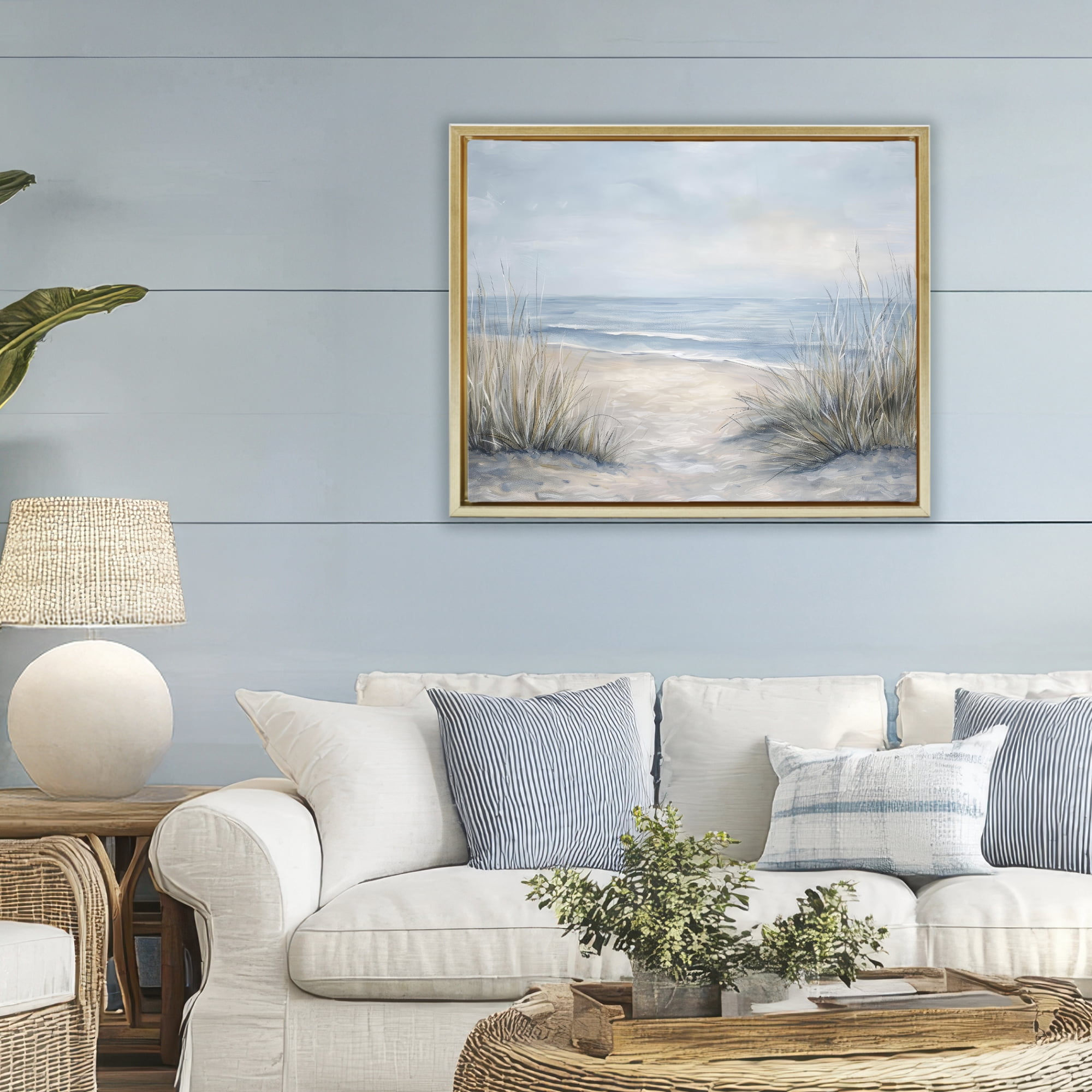 Stupell Industries To The Beach Tranquil Landscape Gold Framed Floater Canvas Wall Art, design by Petal Prints Design