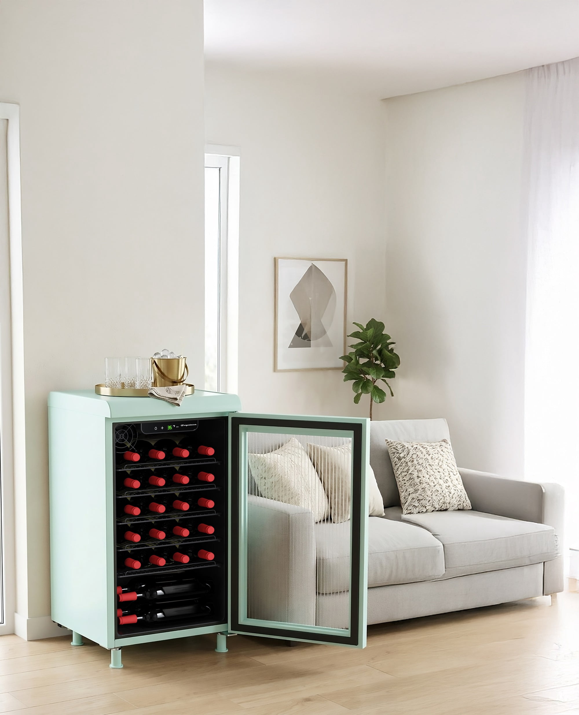 Frigidaire 27 Bottle / 117 Can Retro Wine Cooler with Built-in Bar Top, 3.1 Cu. ft. Beverage Refrigerator with Tempered Glass Door, Mint