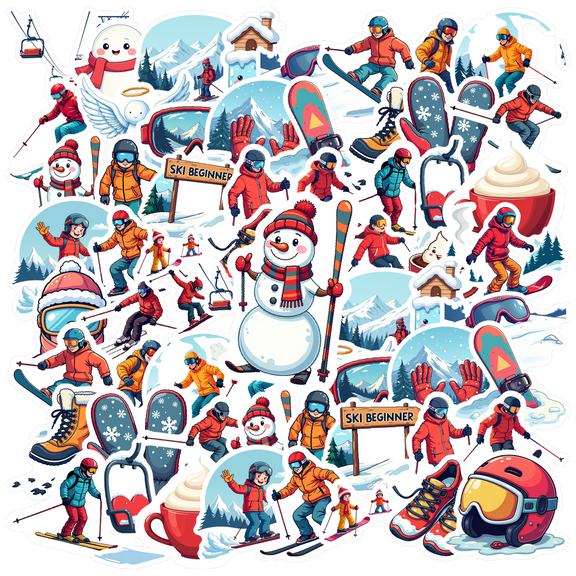 Cartoon Ski Winter Theme Stickers, Waterproof Ski Winter Theme Sticker for Water Bottle Laptop Phone Cases Planner Skateboard Luggage Helmet Party Favor Decor, Ideal for Adults Teens Teacher Rewards