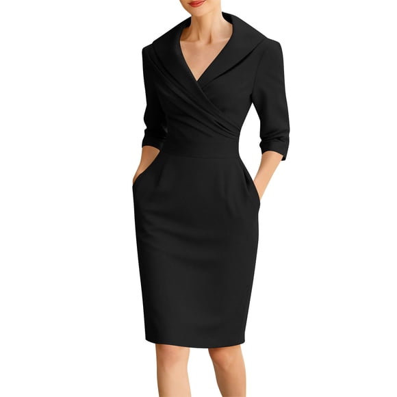 Casual Dress with 3/4 Sleeve and V-Neck For Women, Solid Color Loose Fit Midi Length for Daily Wear and Vacation