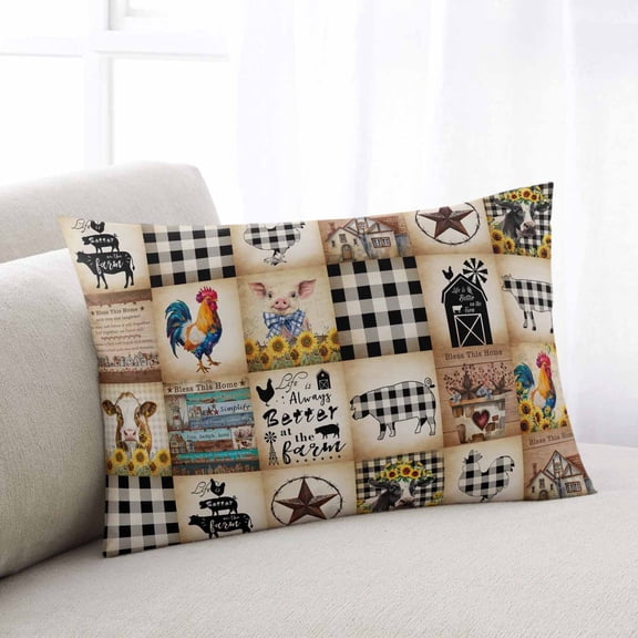 Animals Farmhouse Throw Pillow Covers, Vintage Farm Country Star Brown Plaid Soft Breathable Pillow Cases with Invisible Zipper for Sleeping, Toddler Pillowcases for Couch Bed Sofa Chair 12x20 Inches