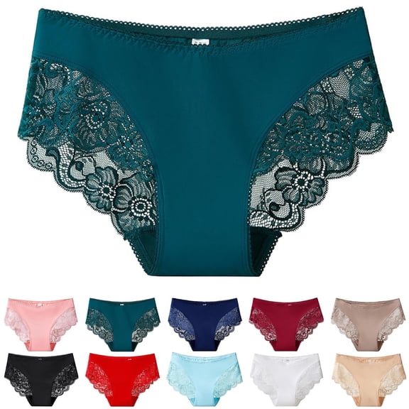 PNTUTB Seamless Underwear for Women Openwork Lace Panel Solid Color Breathable Quick-Drying Comfortable Mid-Rise Cotton Gusset Briefs