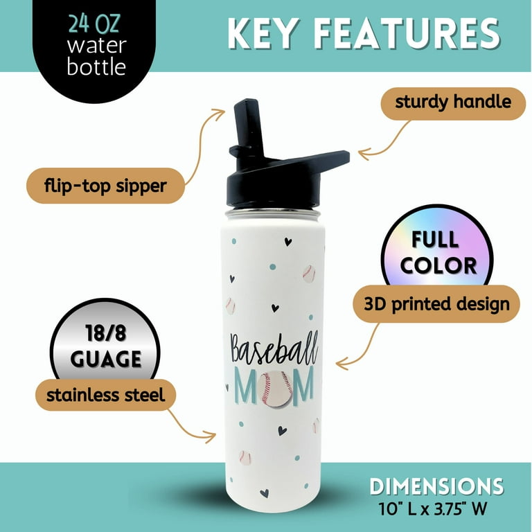 Brooke & Jess Designs Baseball Mom Tumbler Gifts - Large Insulated Water Bottle with Straw - Stainless Steel Metal 24 oz Travel Cup for Mom, Mama