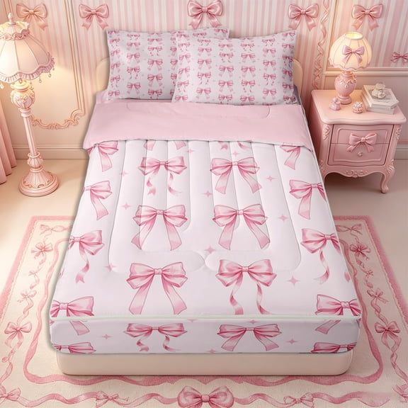 Manfei Kawaii Stars Bow Knot Zipper Twin Comforter Sets with Fitted Sheet and 2 Pillowcases,Girls Cute Ribbon Bow Tie Zipper Bedding Set,4-Piece,Pink Reversible
