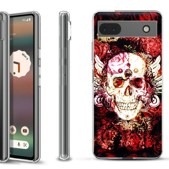 Slim-Fit Gel TPU Phone Case for Google Pixel 6a, by OneToughShield ® - Rose Skull