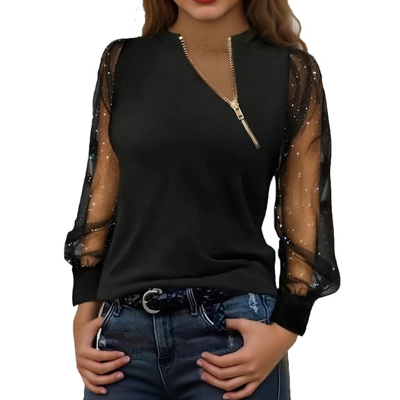 XIAOCHA Sparkly Mesh Tops For Women 3/4 Sleeve Mock Neck Zipper Front Pullover Top Comfy Dressy Dinner Night Out Tops