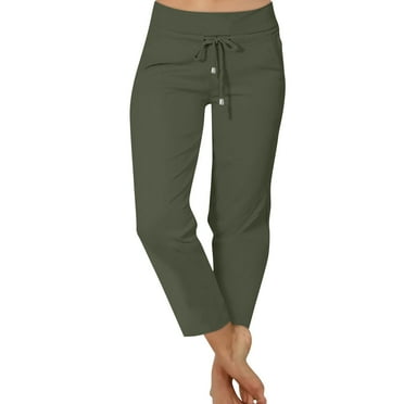 Charmgo Capri Pants for Women, Women Casual Summer Trendy Mid Rise Drawstring Beach Pants Straight Leg Elastic Waisted Drawsting Trousers Pants with Pockets Army Green L