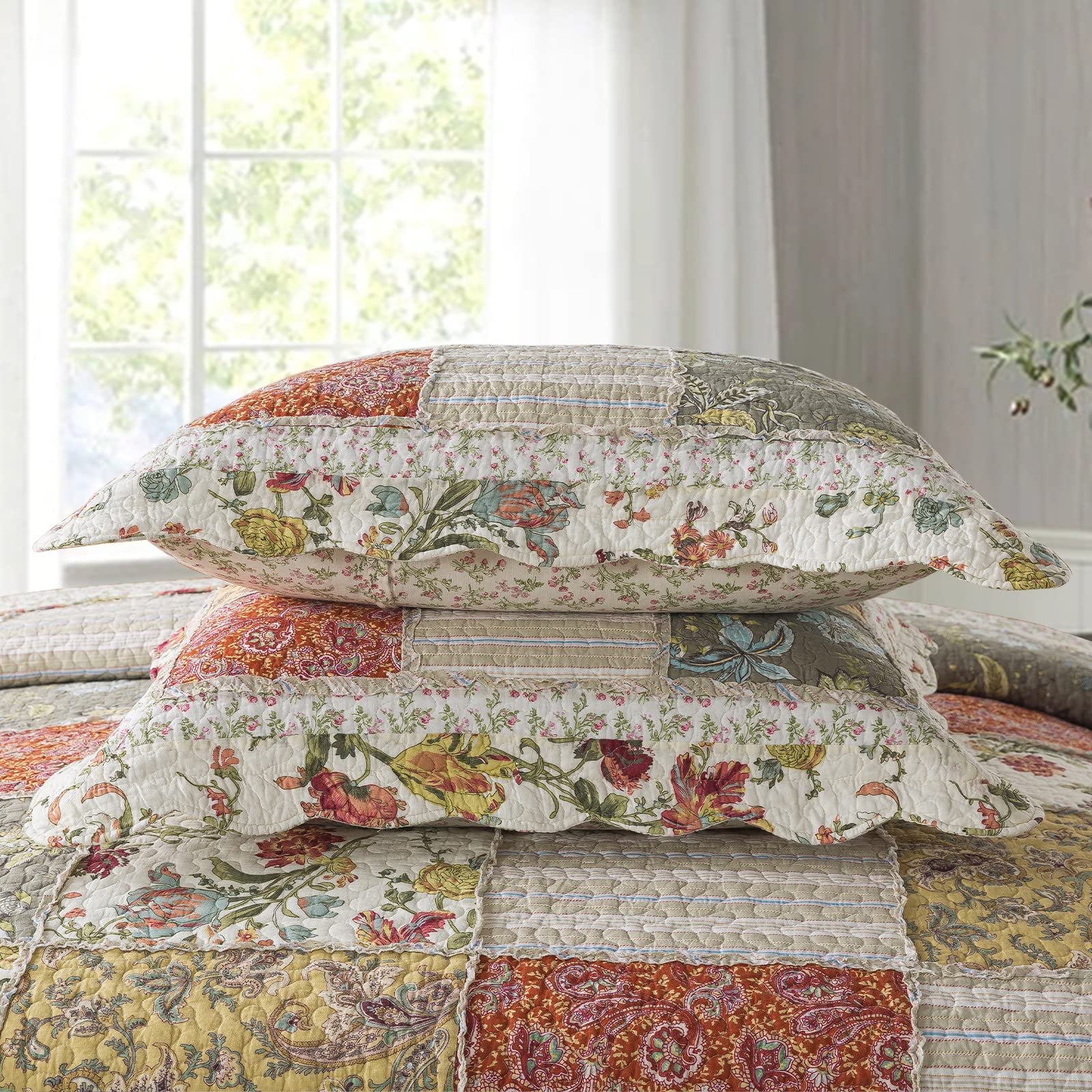 WannaToo Cotton Bedspread Quilt Set for All Season, Beige Patchwork, Queen