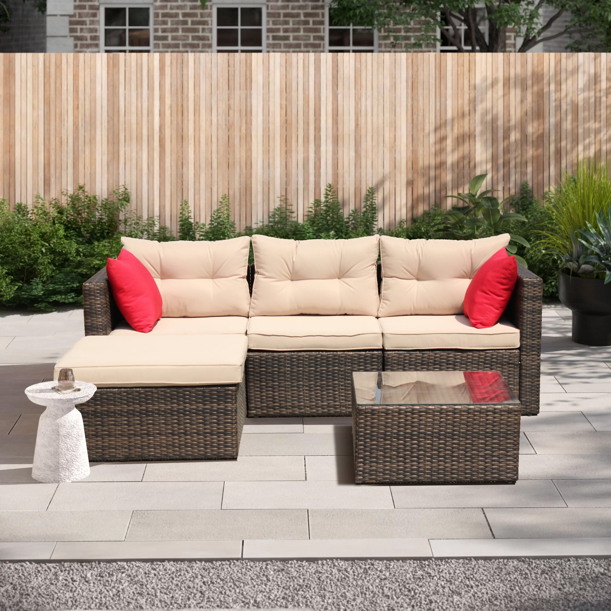 Outdoor Patio Furniture Sets Clearance, 5 Piece Ratten Wicker Sectional Sofa Set, Cushioned ...