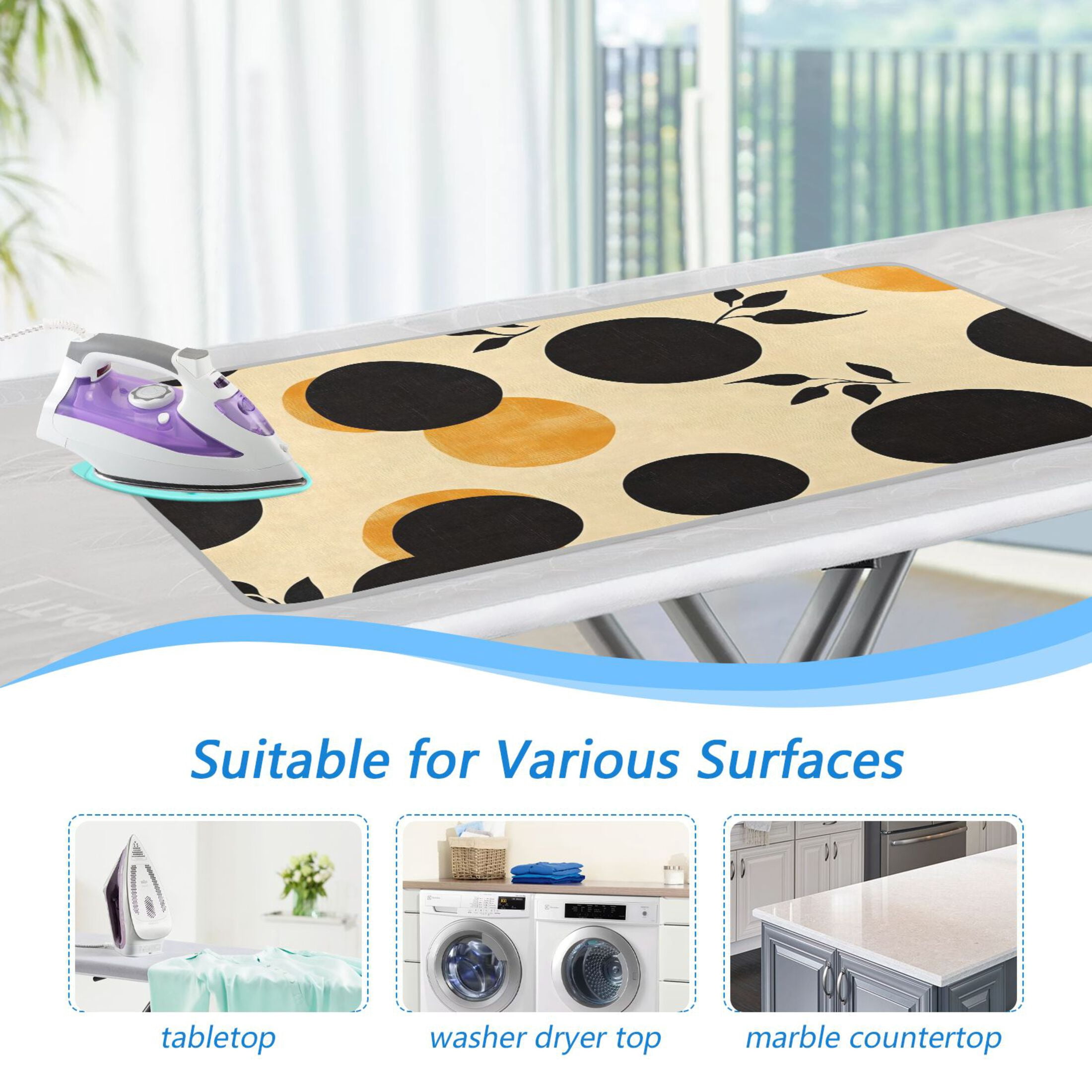 Round Black and Yellow Ironing Mat Blanket for Table Top Travel Portable Ironing Board Pad 47.2x27.6 Inch