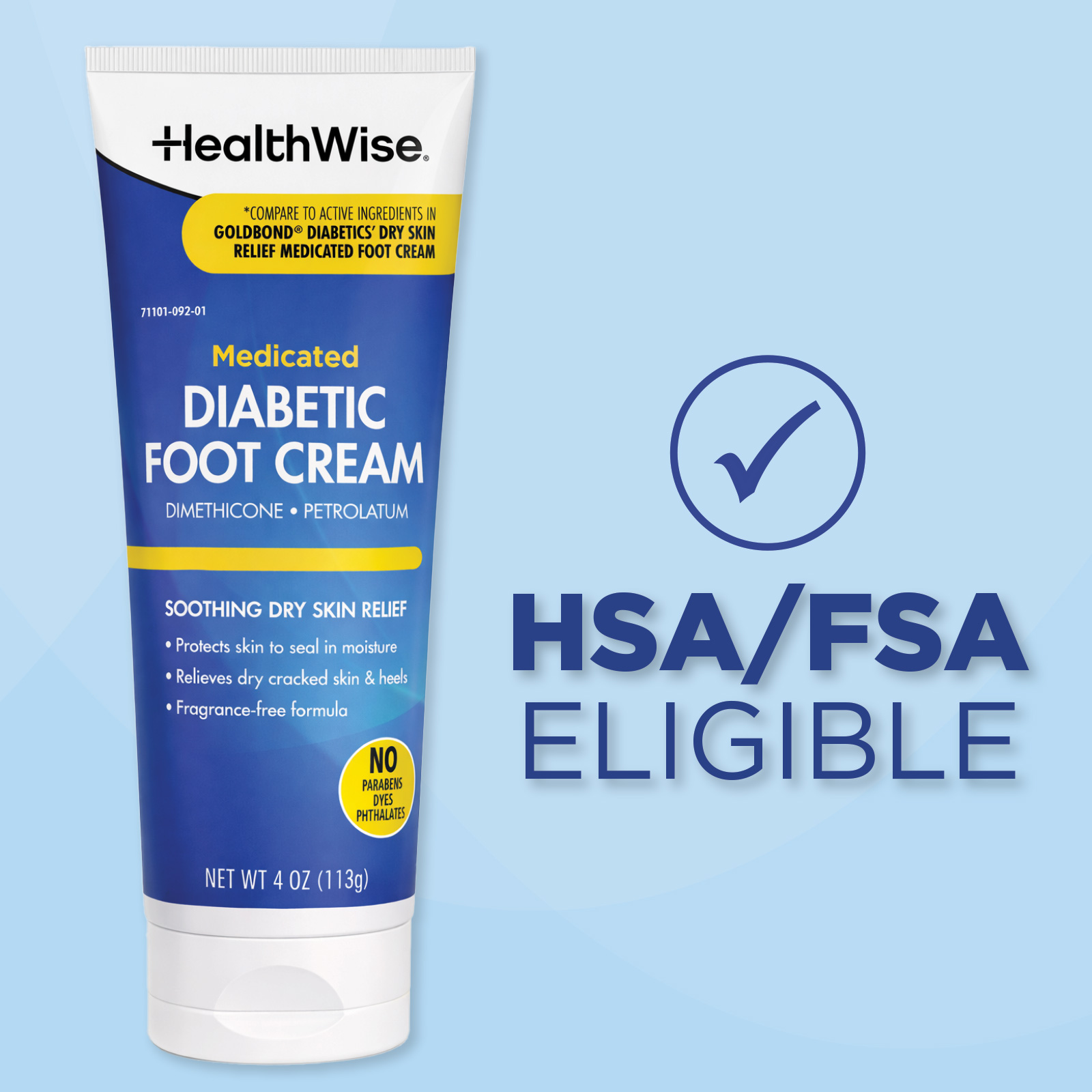 HealthWise Diabetic Foot Cream, 4 oz, Dimethicone + Petrolatum Skin Protectant, Softens Dry, Cracked Heels, Odor-Free, Paraben-Free