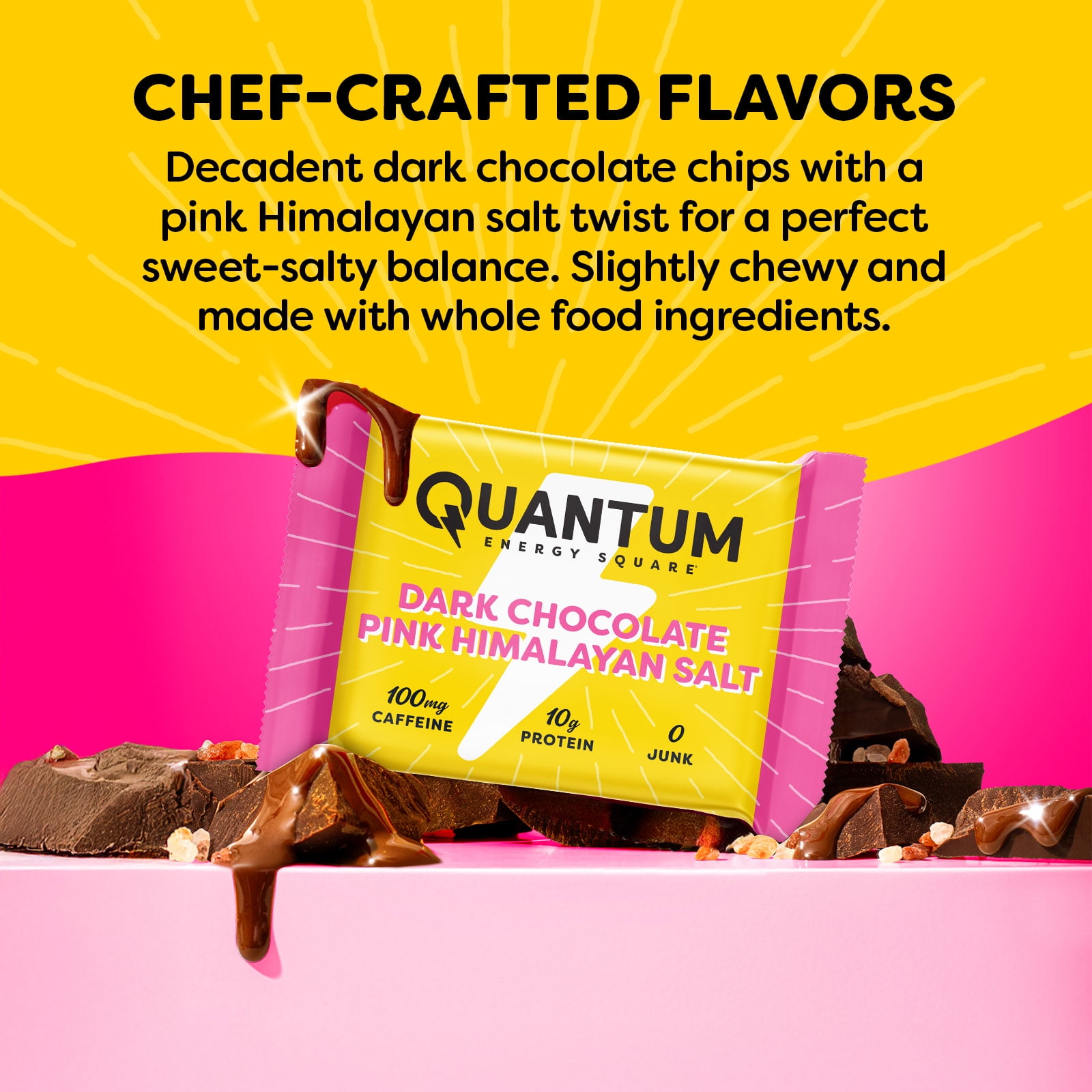 Quantum Energy Square: Energy Bar with Caffeine & 10g Protein. Delicious Healthy Snack On The Go. (Vegan, Gluten-free, Soy-free, Dairy-free). Flavor: Dark Chocolate Pink Himalayan Salt 8Pk