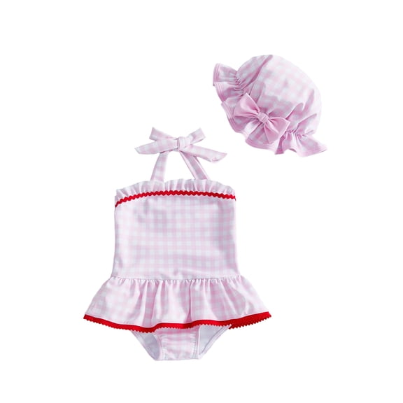BemeyourBBs Toddler Baby Girl One Piece Swimsuit With Sun Hat Infant Girls Bathing Suit Cute Plaid Print Sleeveless Halter Swiming Skirt Swimwear Summer Pool Beachwear