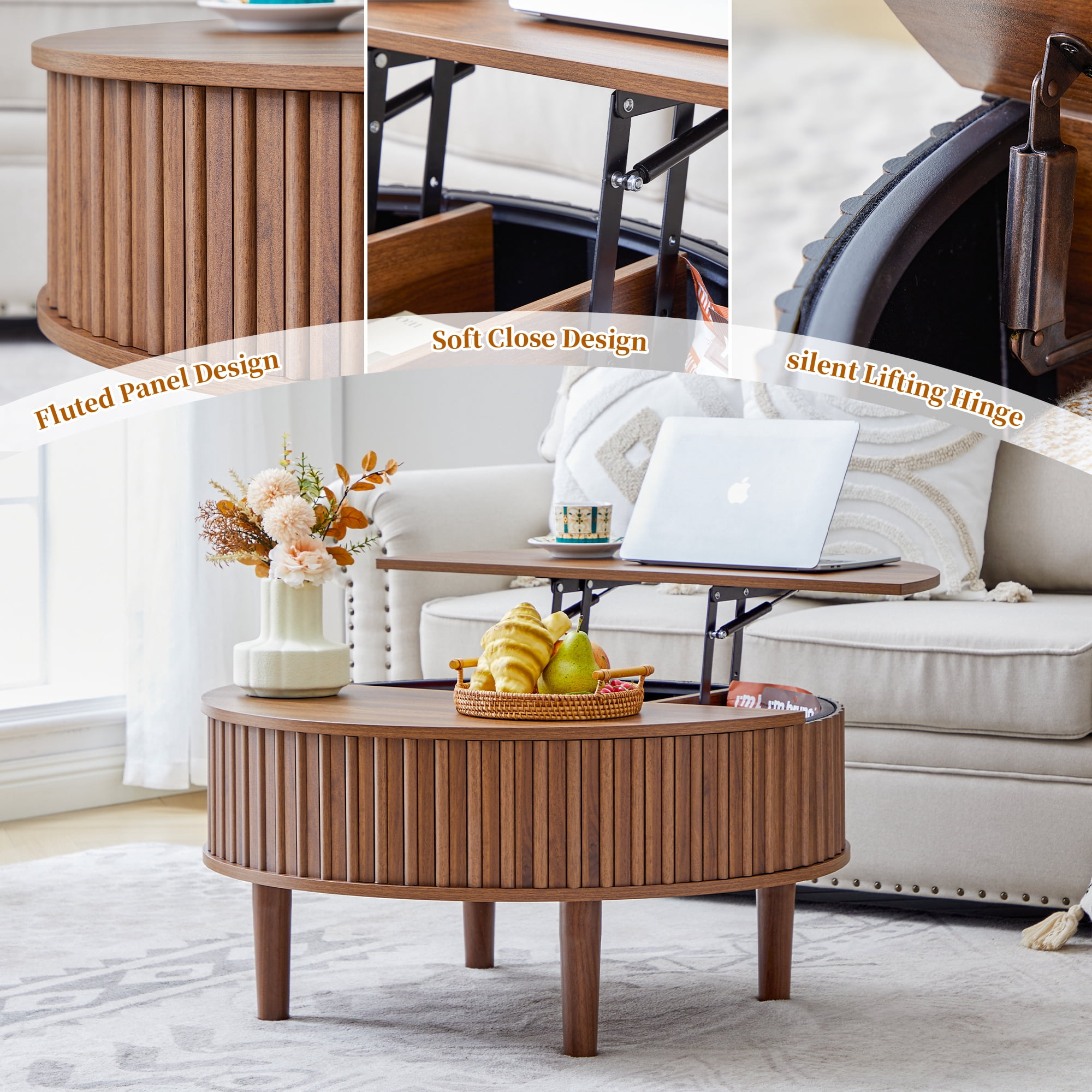 MIYZEAL 31.5" Round Lift Top Coffee Table with Storage, Fluted Mid Century Modern Wooden Center Table with Hidden Compartment, Coffee Table for Living Room, Apartment, Office（Walnut）