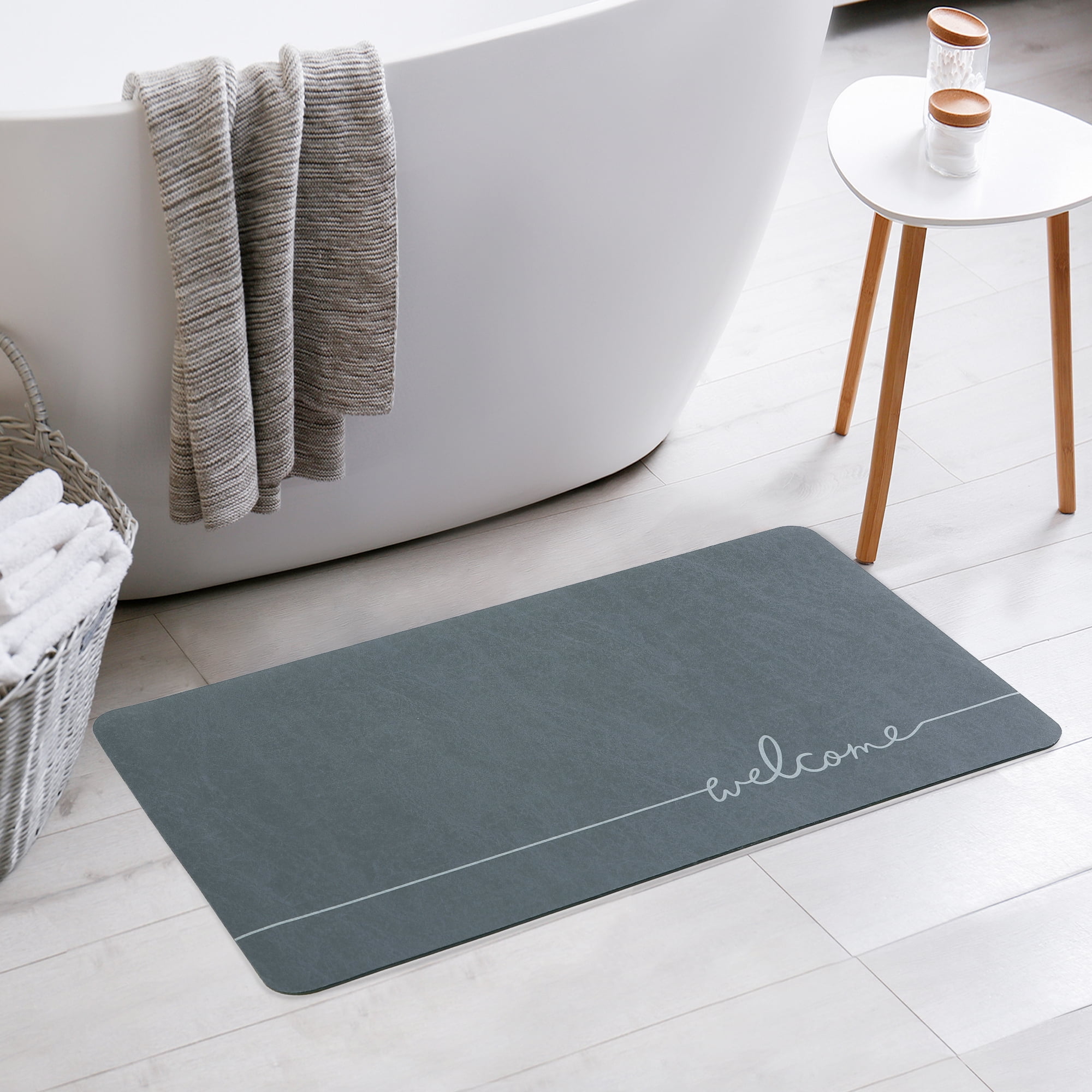 Unique Bargains Absorbent Bath Mat Non-Slip Floor Rug for Bathroom Kitchen Shower Sink Navy Blue Welcome-3 20"x32"