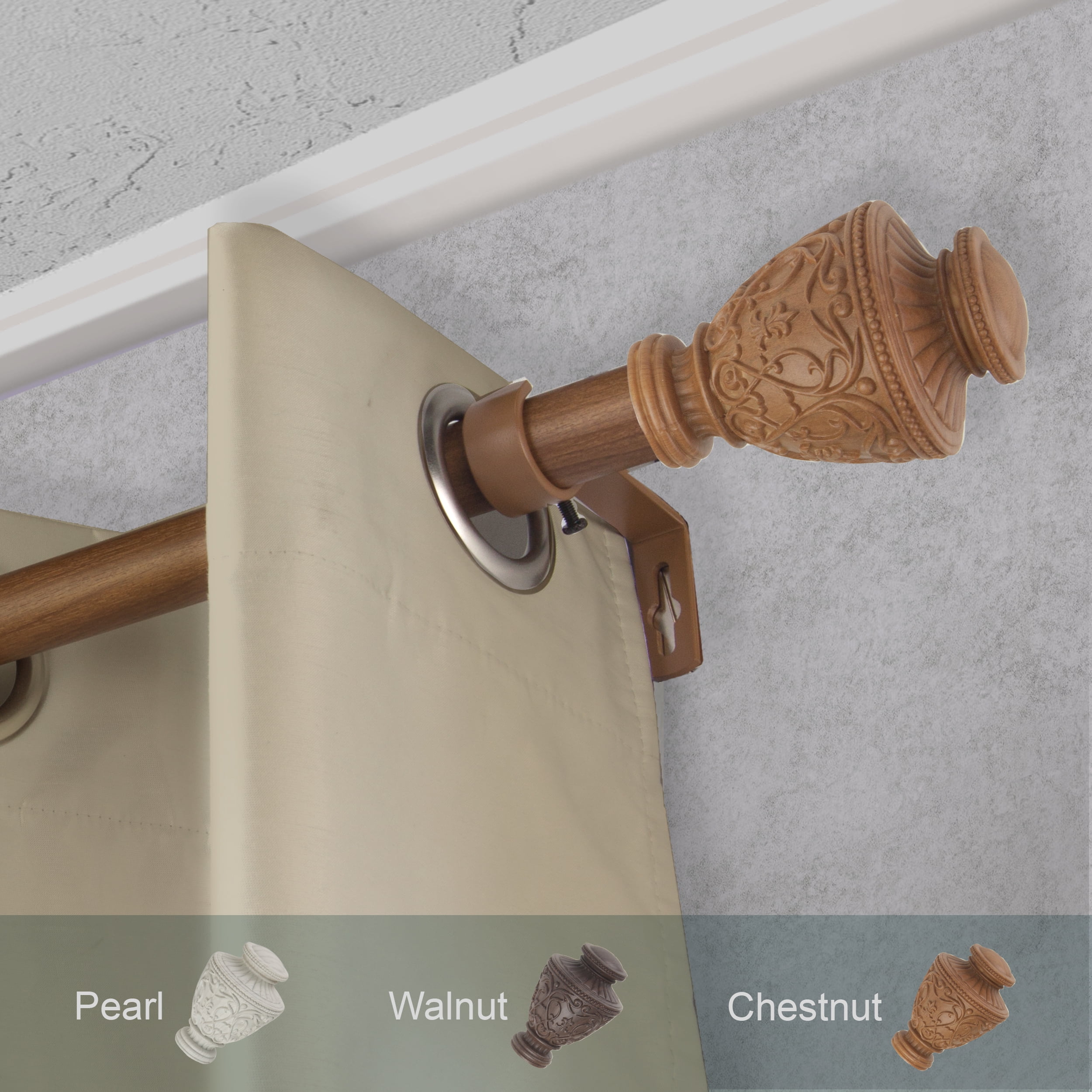 1" Dia Faux Wood Curtain Rod 28-48 inch with Rian Finials - Chestnut