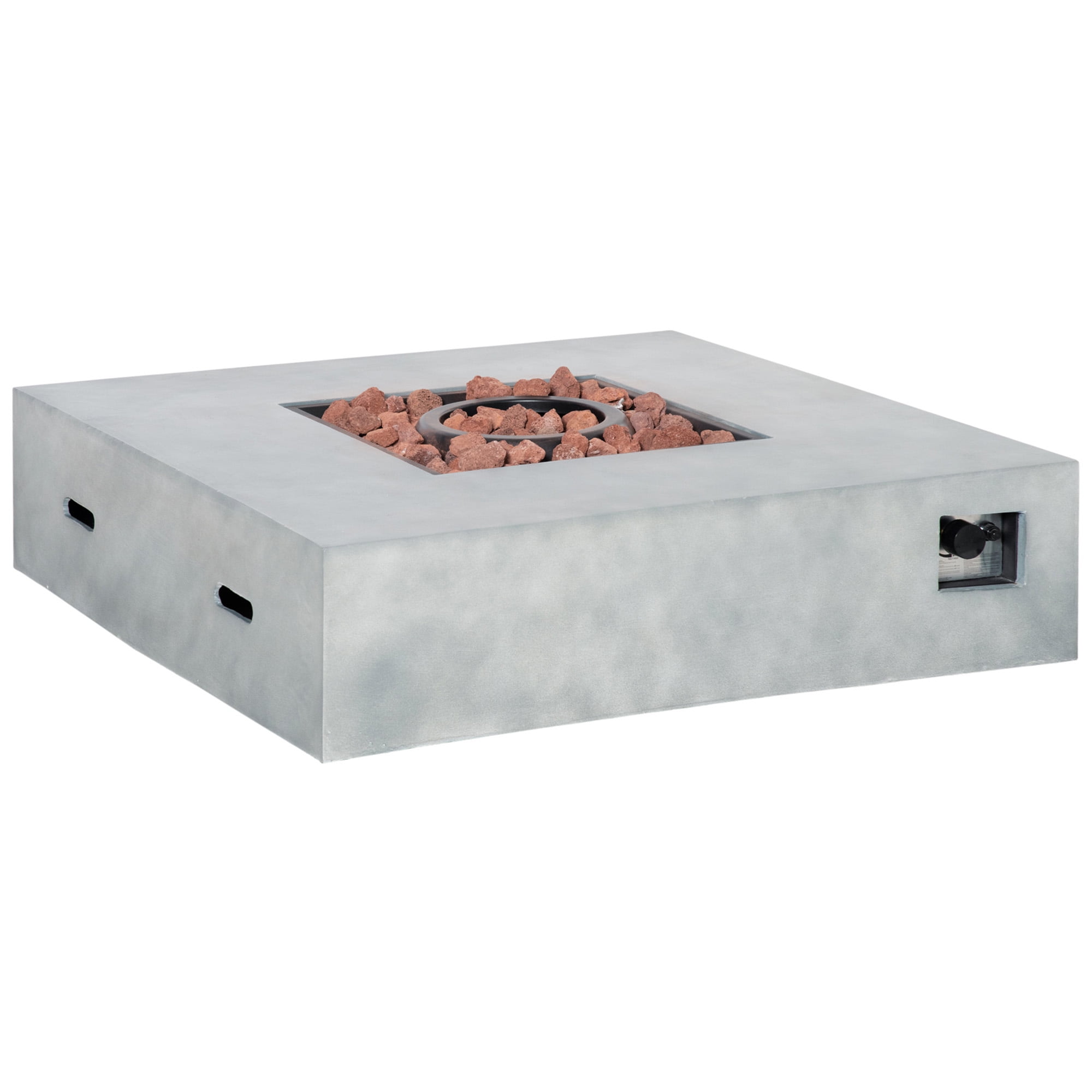 Outsunny Outdoor Propane Fire Pit Table Faux Grey Ledge Stone 42-inch Square Fire Table, 50,000BTU Auto Ignition Gas Firepits with Protective Cover
