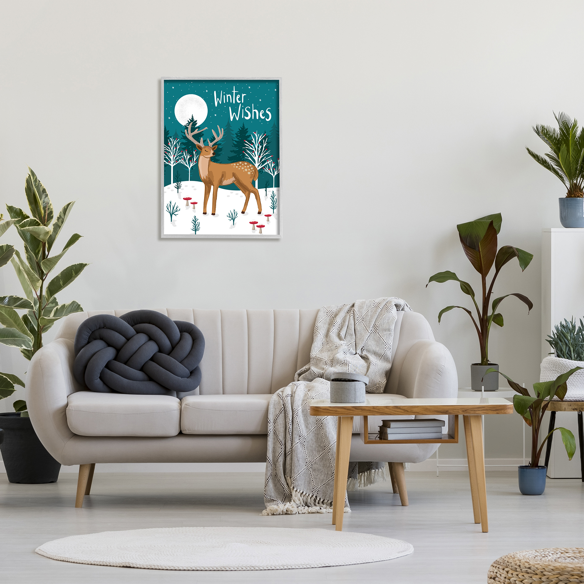 Stupell Industries Winter Wishes Saying Midnight Reindeer Forest Landscape Animals & Insects Painting Gray Framed Art Print Wall Art, 24 x 30