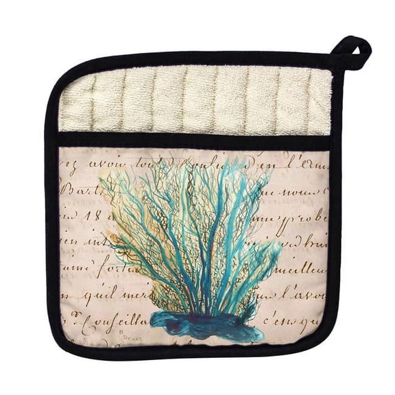 Betsy Drake PT703B Blue Coral Beige Script Pot Holder